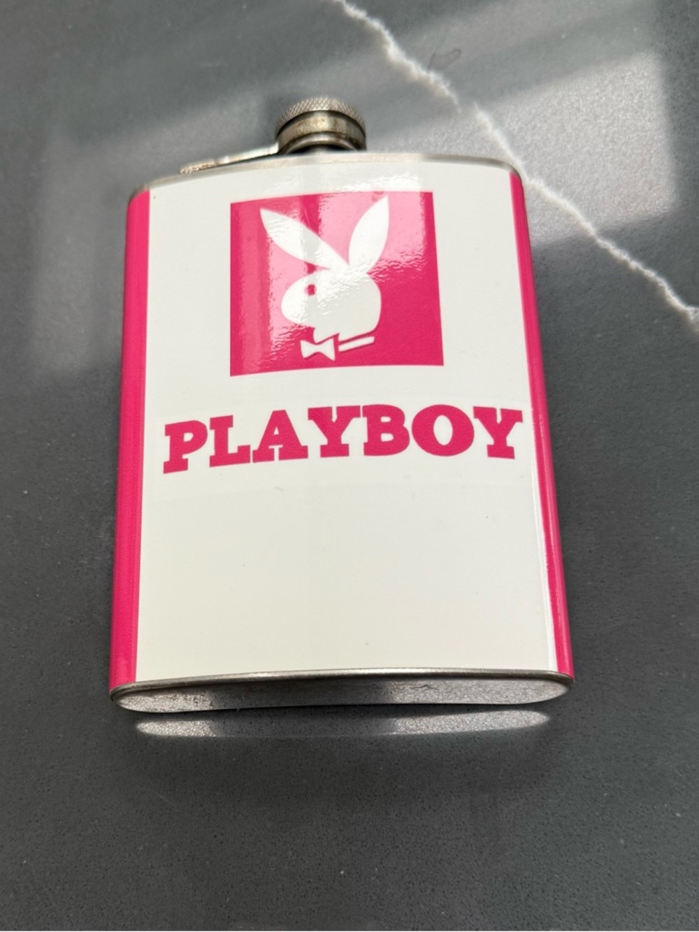 PLAYBOY White and Hot Pink Logo Stainless Hip Flask